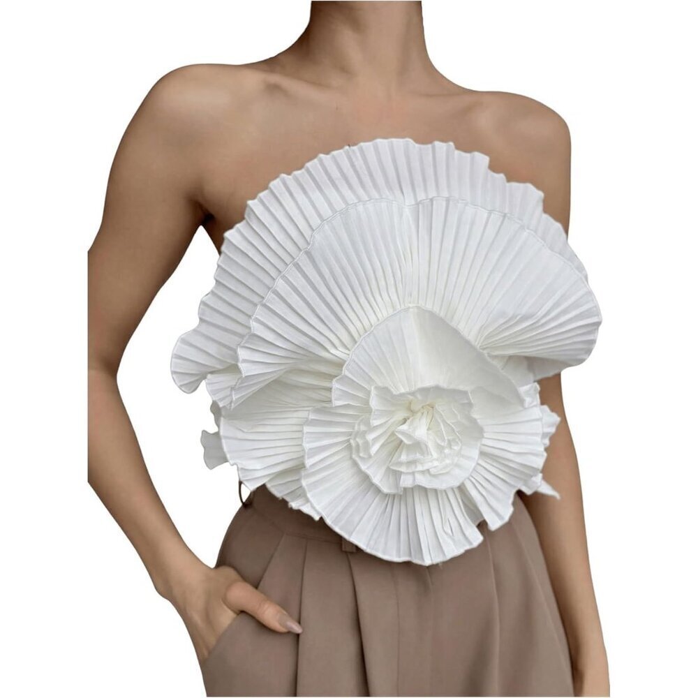 Women’s 3D Flower Strapless Bandeau Top Sleeveless Crop Slim Fit - Picture 1 of 6